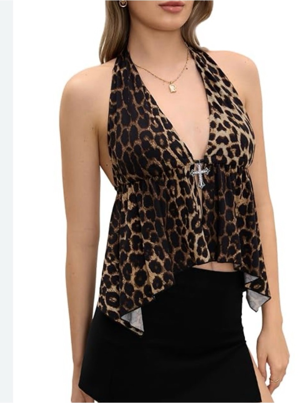 Y2K Leopard Print Halter Crop Top - Brown/Black